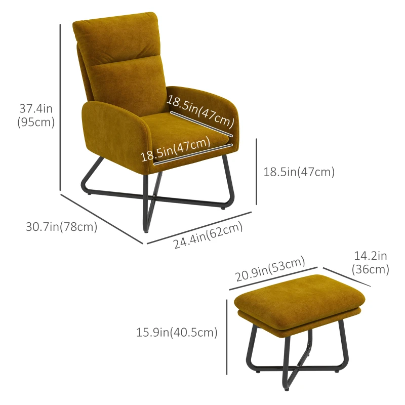 HOMCOM Modern Accent Chair with Ottoman, Upholstered Armchair with Footrest, Cross Metal Legs and Padded Cushion for Living Room, Bedroom, Yellow