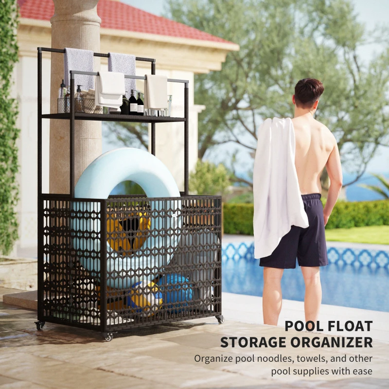 Outsunny Wicker Pool Float Storage Organizer, PE Rattan Pool Float Holder with Basket Shelf Towel Bars, Rolling Pool Caddy for Floaties, Noodles, Life Vests, Beach Balls, Brown