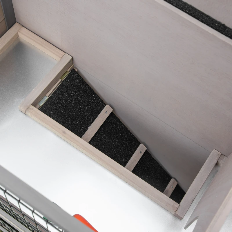 PawHut 2-tier Wooden Rabbit Hutch Backyard Bunny Cage Habitat Small Animal House w/ Ramp, Slide Out Tray and Outdoor Run, Grey