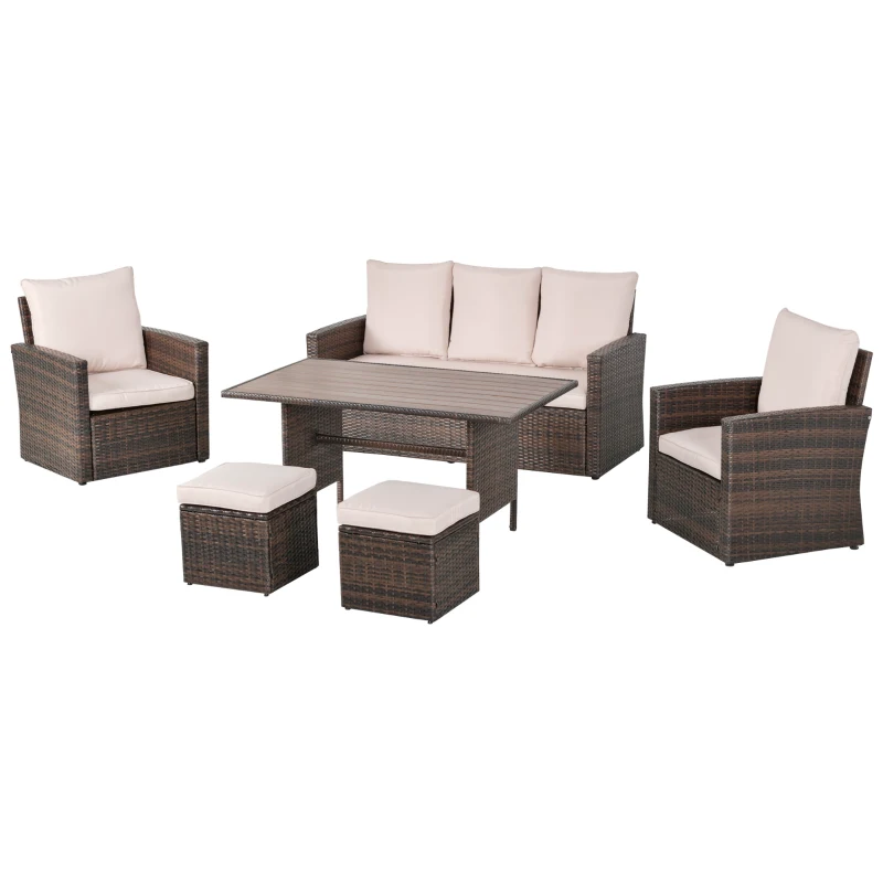 Outsunny Patio Dining Set, PE Rattan Furniture w/ 2 Chairs, Cushions & 3-Seat Sofa, Woodgrain Slatted Dinner Table, Beige