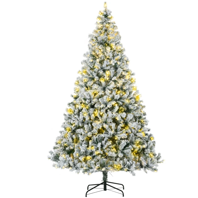 HOMCOM 9' Artificial Snow Christmas Trees with Frosted Branches, Warm White or Colorful LED Lights, Steel Base