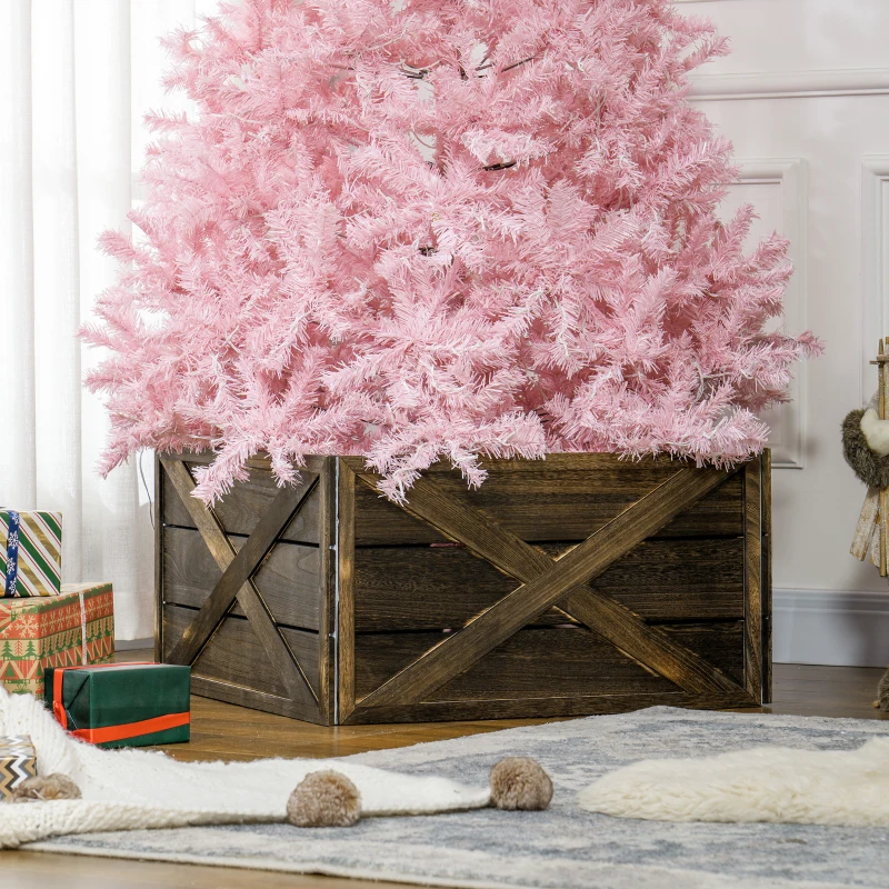 HOMCOM 28" Farmhouse Christmas Tree Base Cover Wooden Christmas Tree Collar Box Home Decoration, Dark Distressed Wood Finish