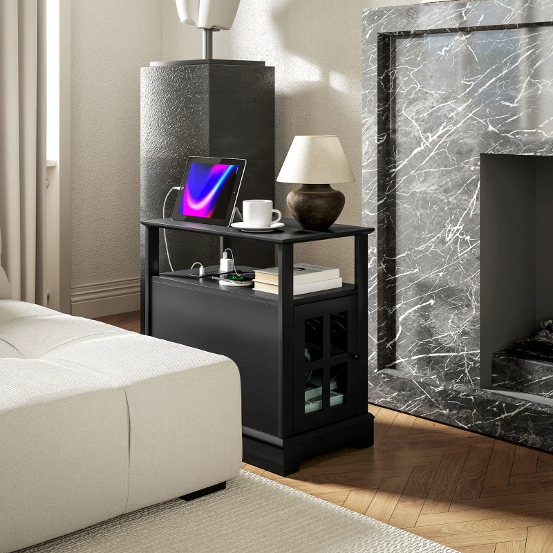 HOMCOM Narrow Side Table End Table with Charging Station, USB Ports, Modern End Table with Storage for Living Room, Black