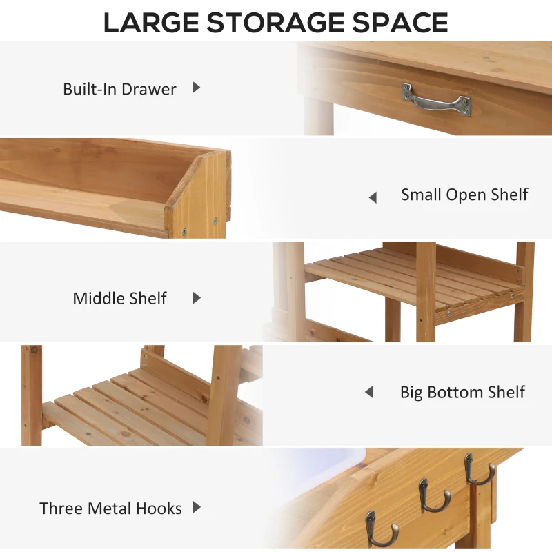 Outsunny 47.75" Potting Bench Table Garden Work Bench Workstation with Drawer, Removable Sink, Storage Shelves and Hooks, Natural
