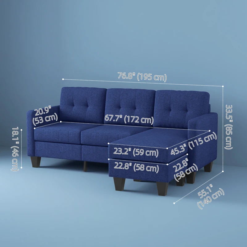 HOMCOM L-shaped Sofa, 3 Seater Sectional Couch with Ottoman, Corner Sofa with Thick Padded Cushion and Wood Legs, Dark Blue