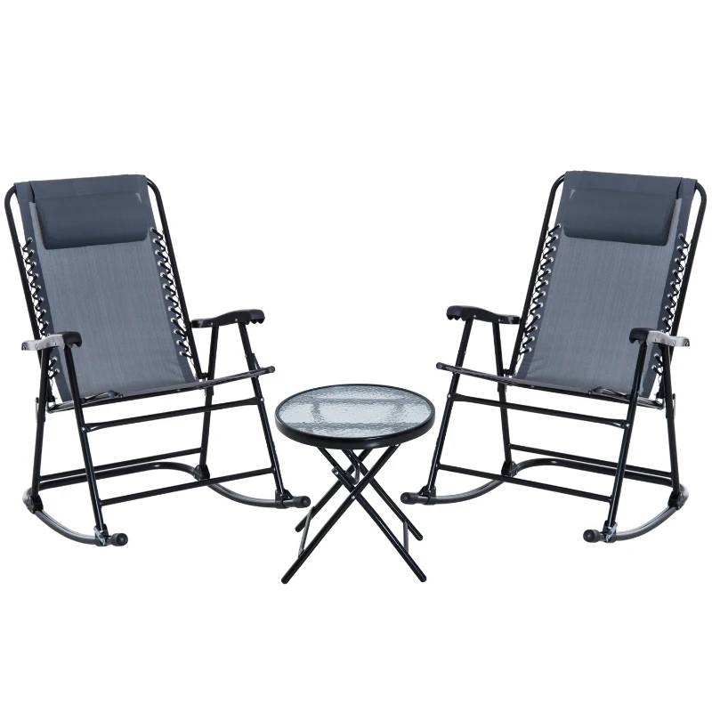 Outsunny 3pc Patio Rocking Chair Set, Folding Outdoor Rocking Chairs and Table Bistro Set w/ Breathable Mesh Seat & Backrest, Headrest for Park, Backyard, Garden, Grey