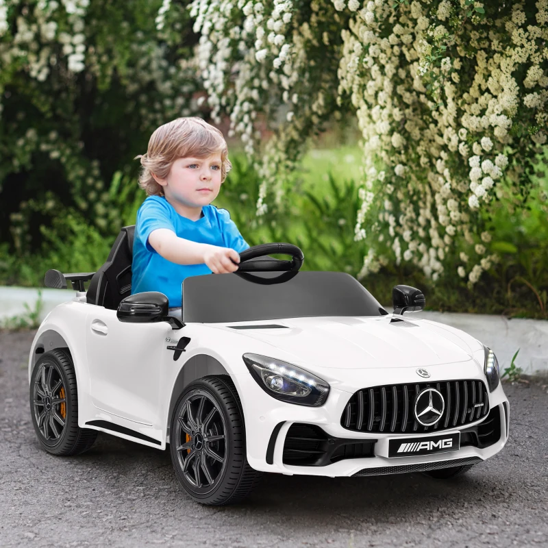Qaba Mercedes-Benz AMG GTR Licensed 12V Battery Powered Kids Electric Car w/ Remote, Soft Start, Lights, Music Horn, White