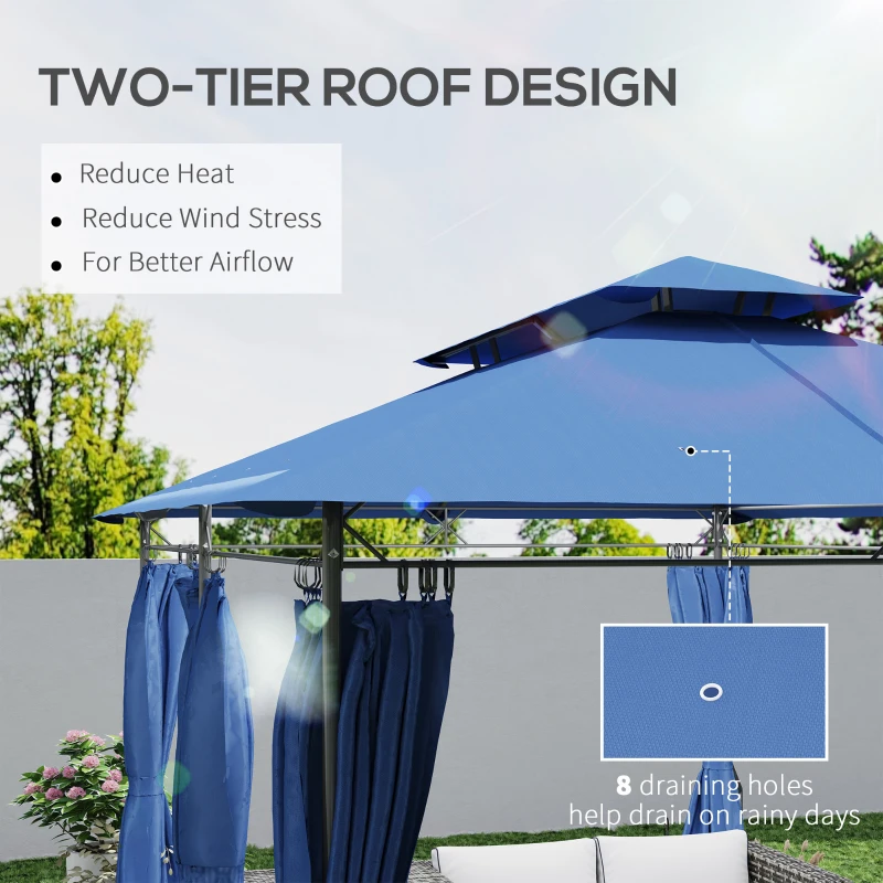 Outsunny 10' x 13' Double Roof Patio Gazebo, Outdoor Gazebo with Curtains, for Garden, Lawn, Backyard and Deck, Dark Blue
