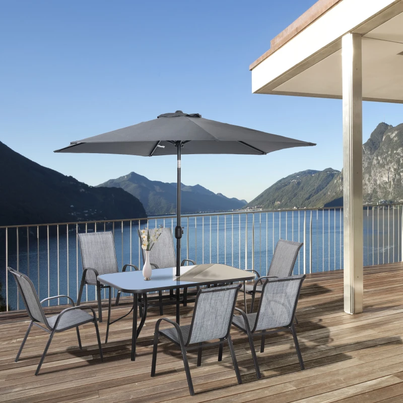 Outsunny 8 Pieces Patio Dining Set with Umbrella, 6 Chairs and Table, Grey