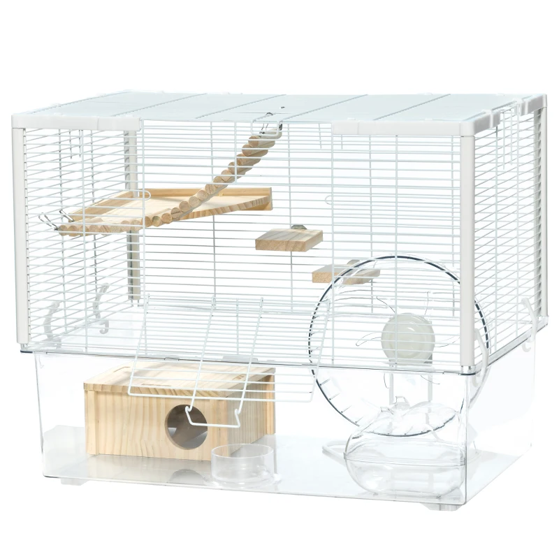 PawHut Hamster Cage with Deep Bottom, Wooden Ramp, Hut, Bathroom and Exercise Wheel for Hamster and Gerbil, White