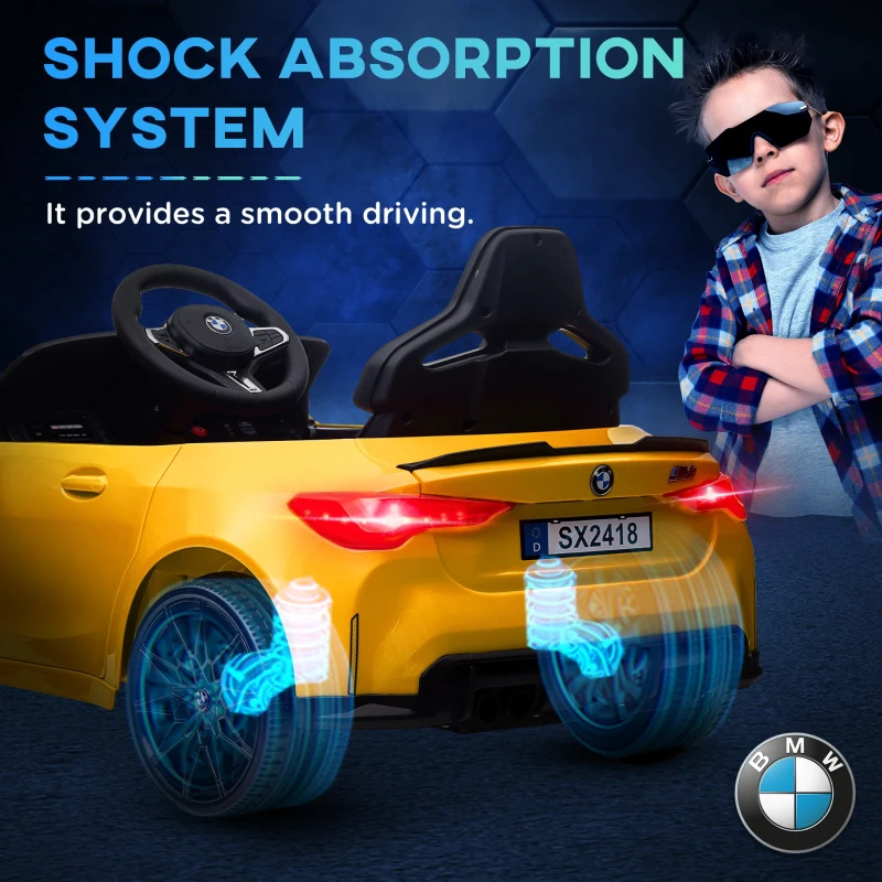 Qaba BMW M4 Licensed 12V Ride on Car, Kids Car w/ Remote Control, Suspension, Handle Attachment, LED Lights, Music, Yellow
