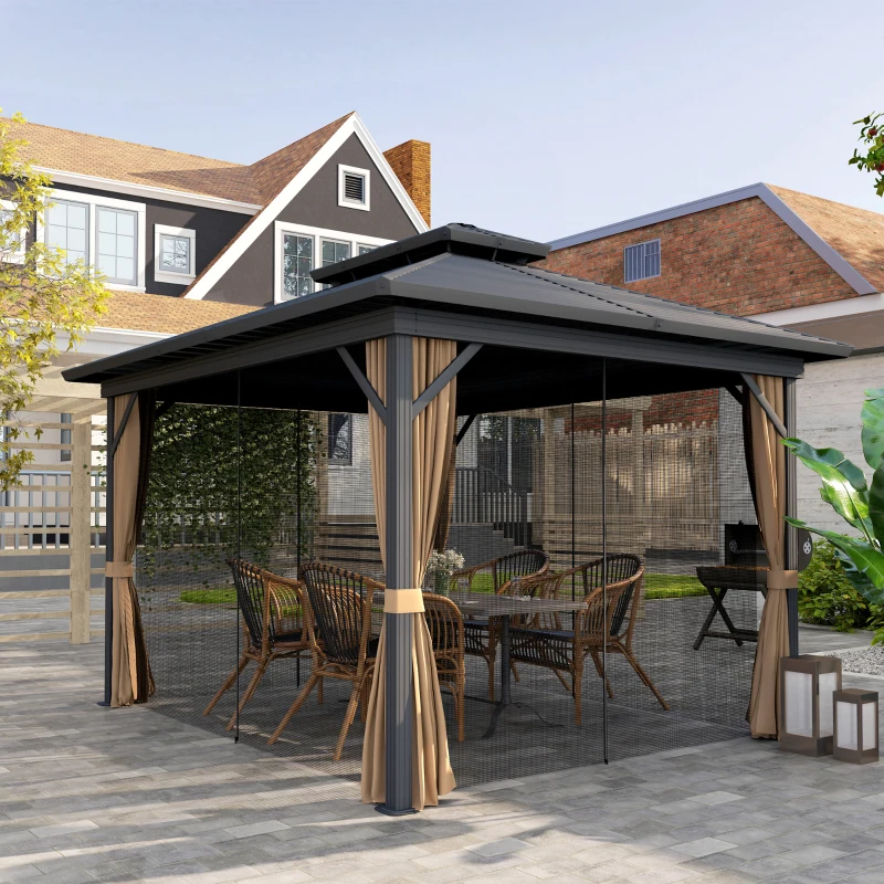 Outsunny 10' x 12' Hardtop Gazebo, Sun Shelter with Double Tier Metal Roof, Mosquito Netting, and Hanging Hook, Dark Brown
