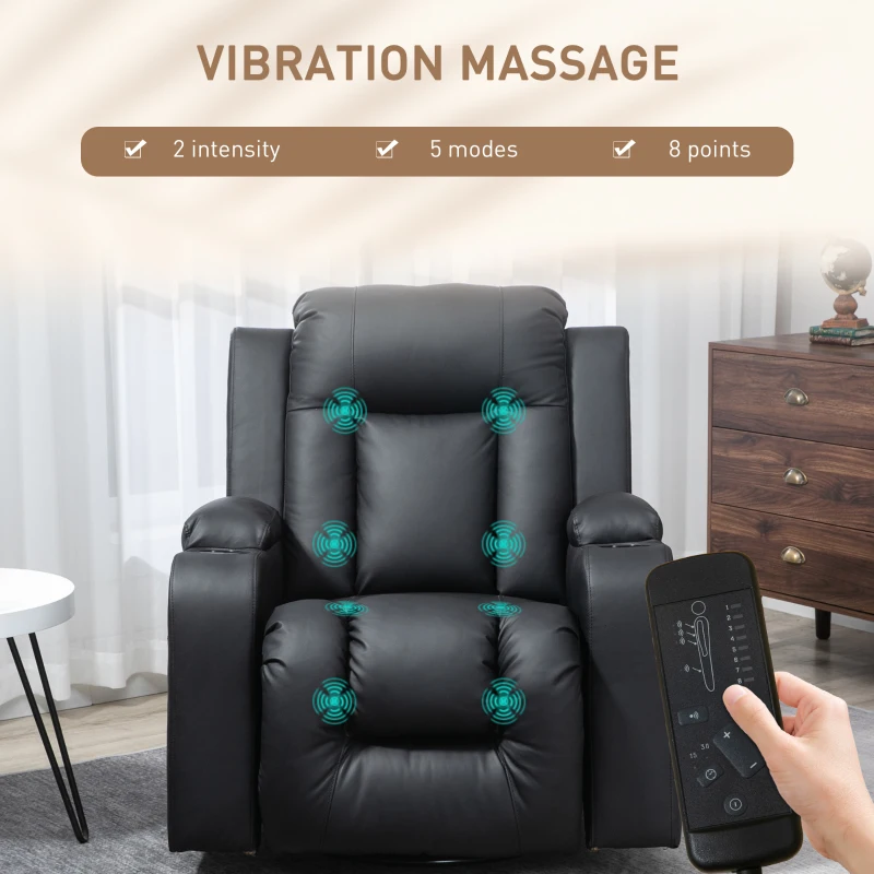 HOMCOM Swivel Massage Recliner Chair Rocker, Overstuffed Manual Reclining Sofa, PU Leather Rocking Chair with Side Pockets, Cup Holders, for Living Room, Nursery, Black