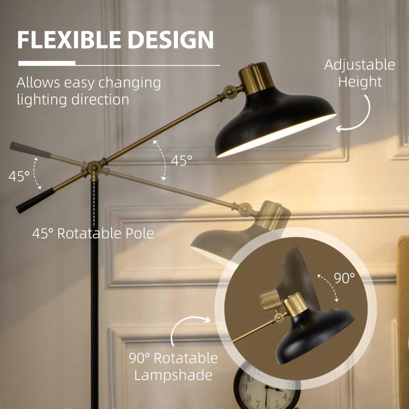 HOMCOM Adjustable Floor Lamps for Living Room, Standing Lamp for Bedroom with Balance Arm, Tall Black and Gold Lamp