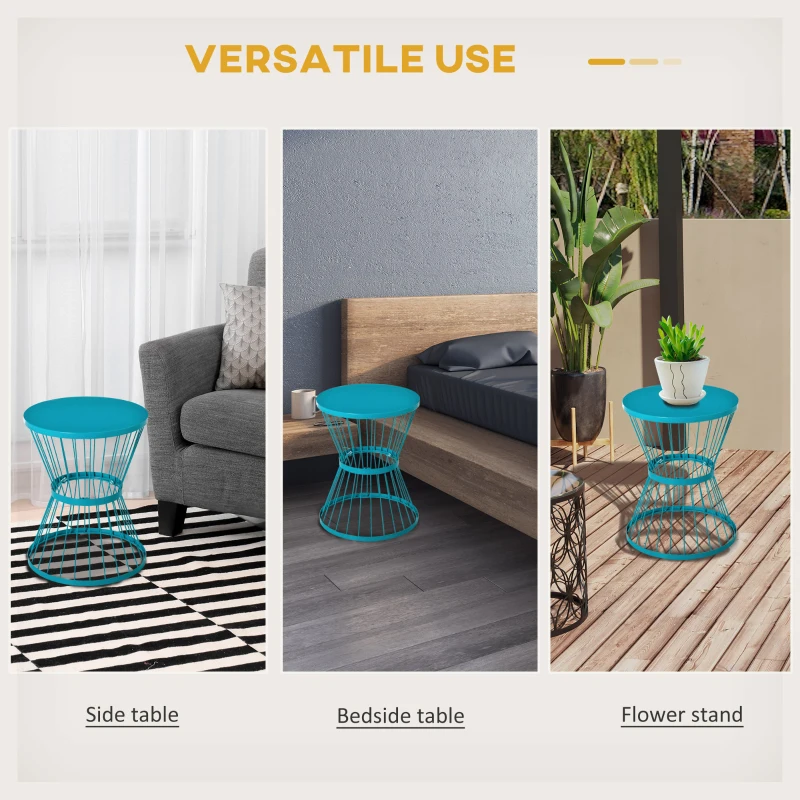 Outsunny 16" Steel Patio Side Table, Garden End Table with Hourglass Design, Accent Table for Outdoor and Indoor Use, Blue