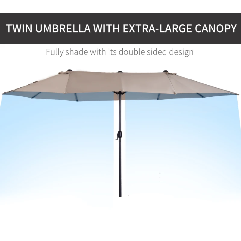 Outsunny 15'x 8.7' Outdoor Patio Umbrella with Twin Canopy Backyard Umbrella with Lift Crank Tan