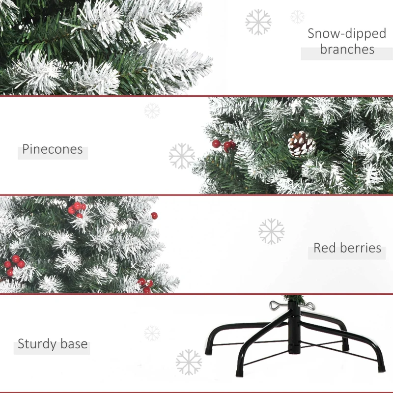 HOMCOM 6ft Decorated Christmas Tree with Red Berries and Pine Cones, Flocked Christmas Tree with Pencil Shape, Green