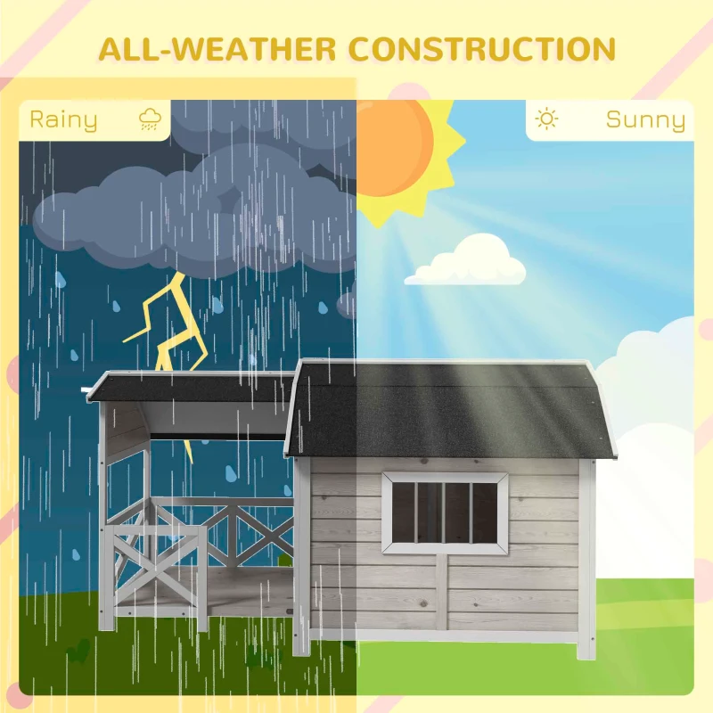 PawHut Wooden Dog House Outdoor with Porch, Raised Pet Kennel for Medium Large Dogs, with Asphalt Roof, Front Door, Side Windows, Gray