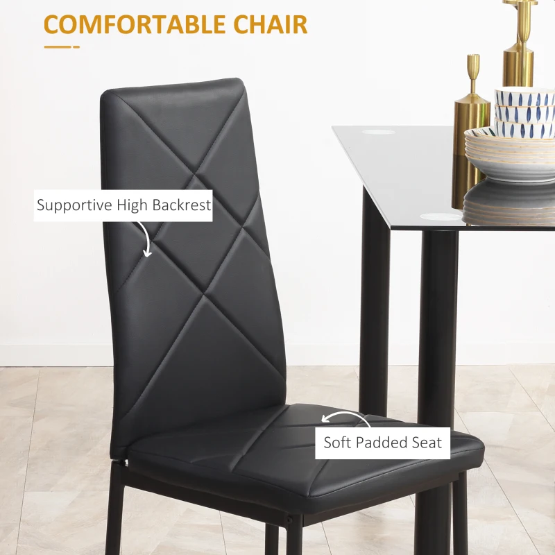 HOMCOM Dining Table and Chairs Set for 4, Modern 5 Pieces Kitchen Table Set with Glass Table, Padded Seat and Steel Frame