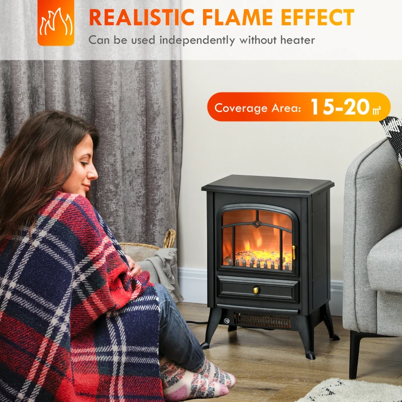 HOMCOM Fireplace Stove, Electric Fireplace Heater with Realistic LED Flames and Logs, 725W/1450W, Black