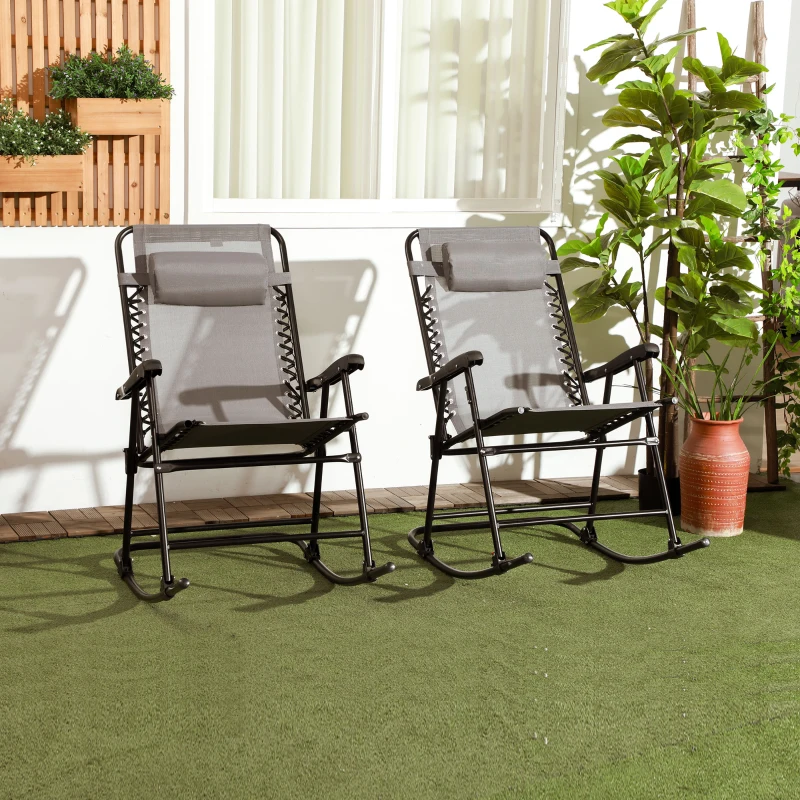 Outsunny 2pc Patio Foldable Rocking Chair Set w/ Breathable Mesh Seat & Backrest, Headrest for Park, Backyard, Garden, Grey