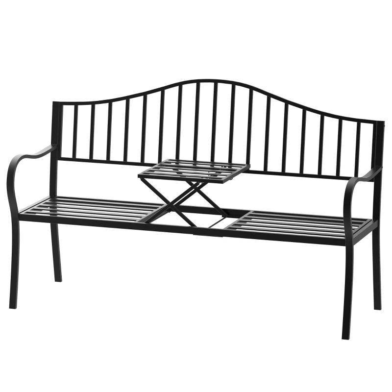 Outsunny Outdoor Bench with Retractable Middle Table, Metal Frame Patio Loveseat with Slatted Seat and Backrest, Curved Armrests, Black