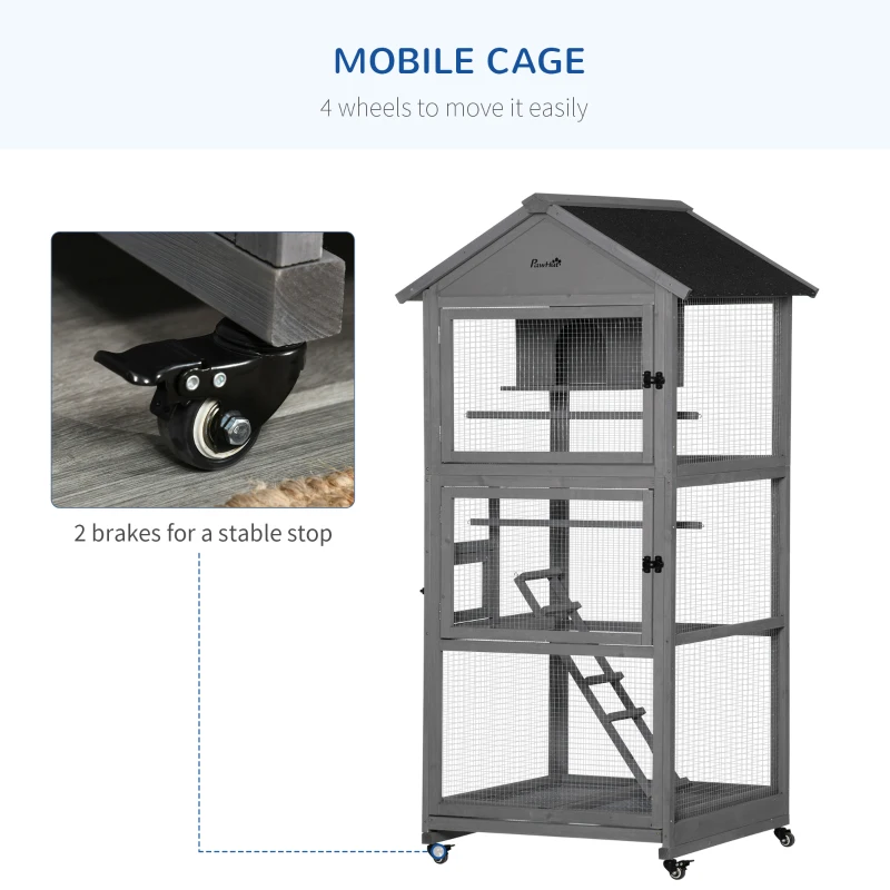 PawHut 71" Bird Cage Large Mobile Wooden Aviary for Canary Cockatiel with Wheel Perch Nest Ladder Slide-out Tray for Indoor Outdoor Dark Grey