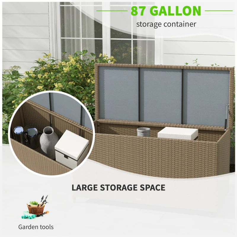 Outsunny 83 Gallon Deck Box, Large Outdoor Storage Chest, PE Wicker Trunk for Outside on Wheels for Garden Tools, Pool Supplies & Patio Furniture Cushions, Brown