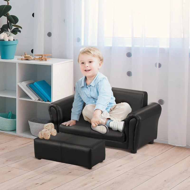 Qaba Kids Sofa Set with Footstool for Toddlers and Babies, Black