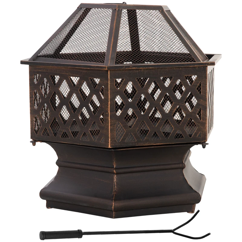 Outsunny Outdoor Fire Pit with Mesh Lid, Portable Wood Burning Firebowl with Poker for Patio, Backyard, Bronze