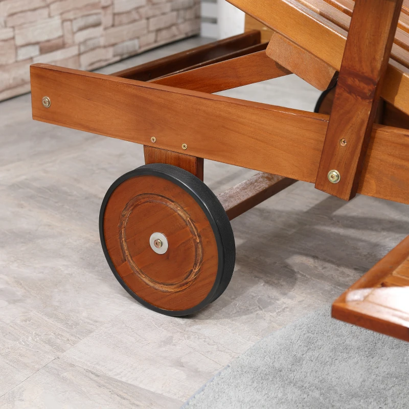 Outsunny Acacia Wood Folding Patio Sun Lounger with Wheels and Pull-Out Tray