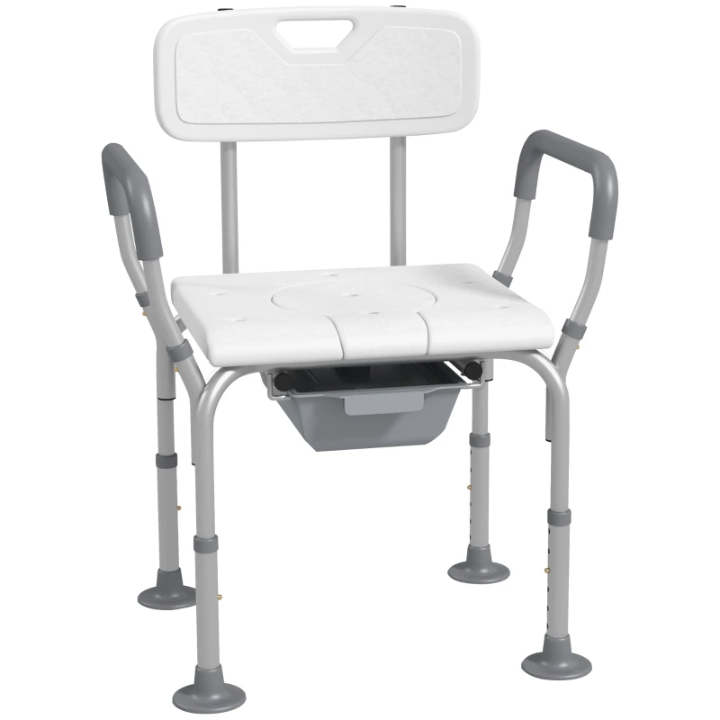 HOMCOM 3-in-1 Shower Chair with Back, Adjustable Bedside Commode, Raised Toilet Seat w/ Rubber Foot Pad for Seniors, Disabled