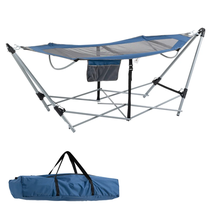 Outsunny Foldable Outdoor Hammock with Stand, Portable Hammock Bed with Carrying Bag and Pocket for Travel, Beach, Backyard, Patio, Hiking, Dark Blue