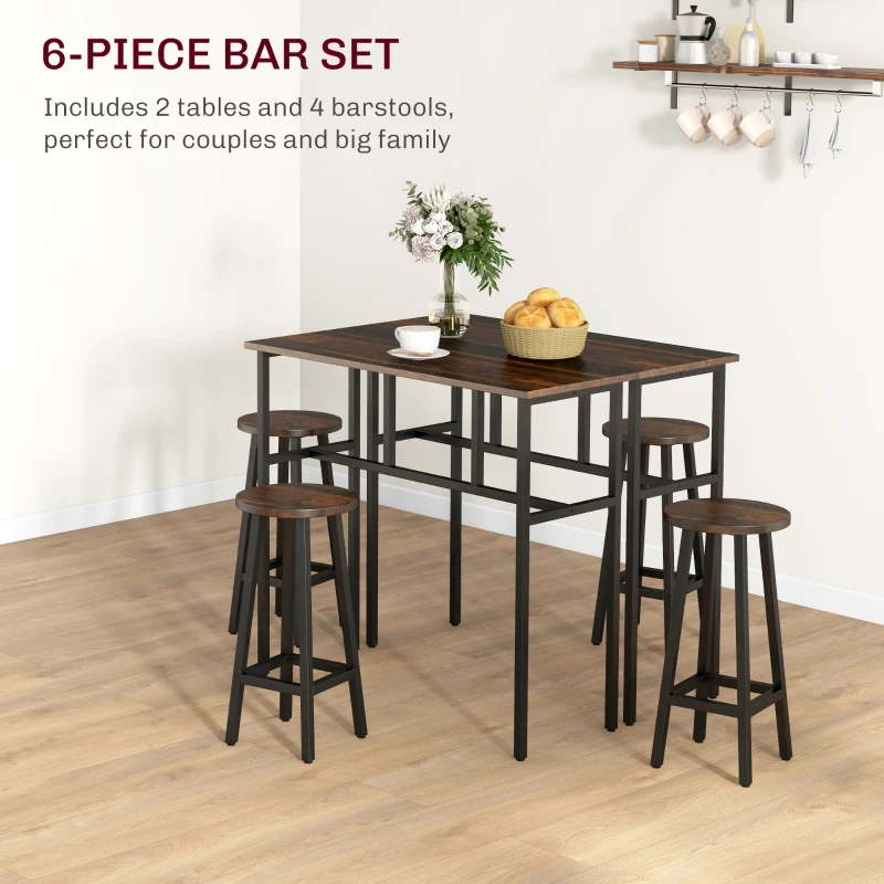HOMCOM Bar Table Set of 6 Bar Table and Stools for 4 2 Breakfast Tables and 4 Stools for Living Room Dining Room Rustic Brown
