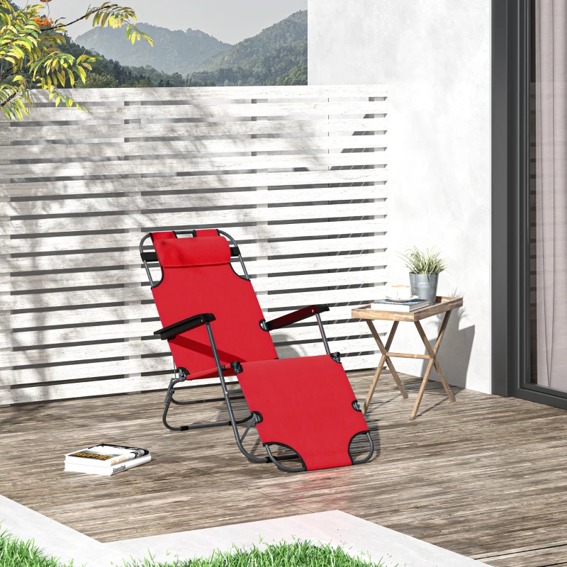Outsunny Folding Chaise Lounge Chair, Outdoor Portable 2-Level Adjustable Recliner Zero Gravity Chair with Headrest Pillow, Armrests with Storage Mesh Pocket, Red