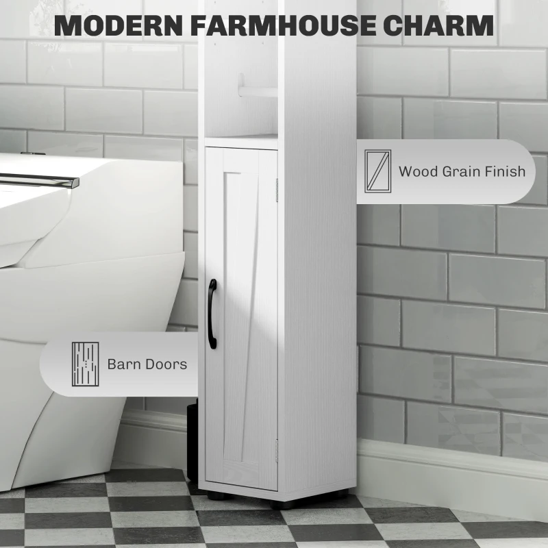 HOMCOM Narrow Bathroom Cabinet, Tall Bathroom Storage Cabinet with Barn Doors, Drawer and Adjustable Shelves, White Wood Grain