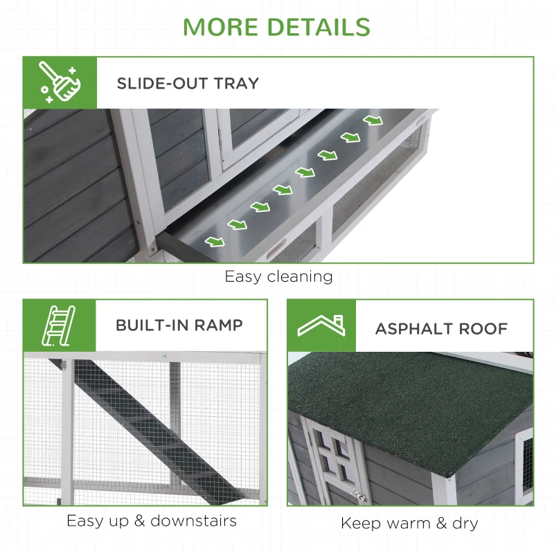 PawHut 63" Wooden Chicken Coop Hen House Poultry Cage for Outdoor Backyard with Raised Garden Bed, Run Area, Nesting Box and Removable Tray, Gray