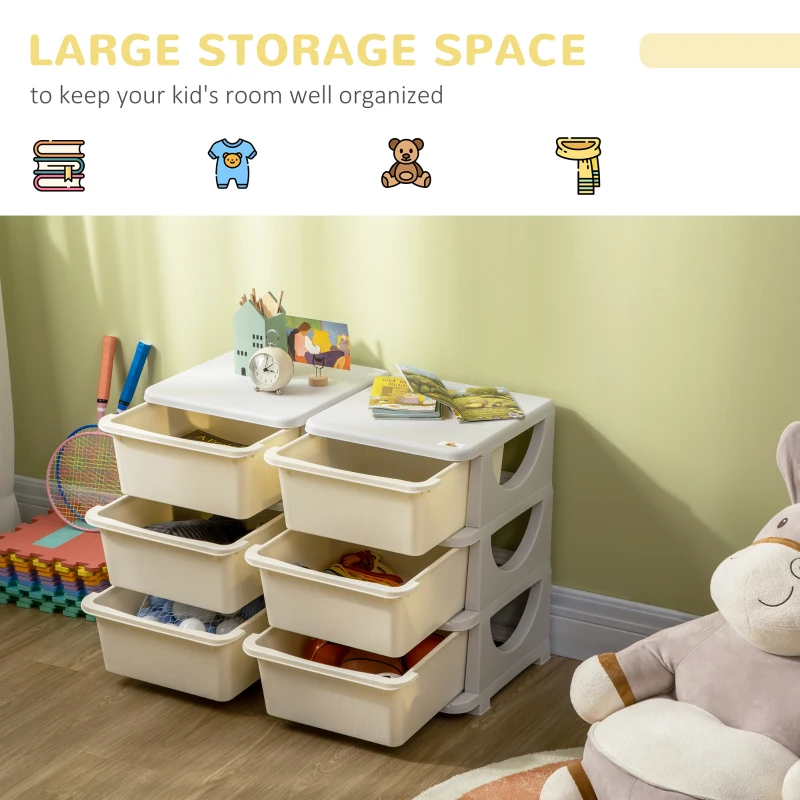 Qaba 3 Tier Kids Storage Unit, 6 Drawer Chest Toy Organizer Plastic Bins for Kids Bedroom Nursery Kindergarten Living Room for Boys Girls Toddlers, Cream White