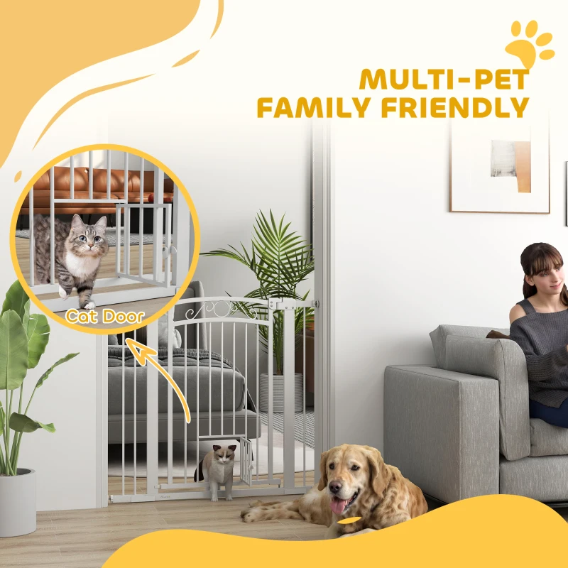PawHut Dog Gate, Walk Through Pet Gate w/ Small Pet Door, Auto Close, for Doorways, House, Stair, 30"-41" W x 38" H