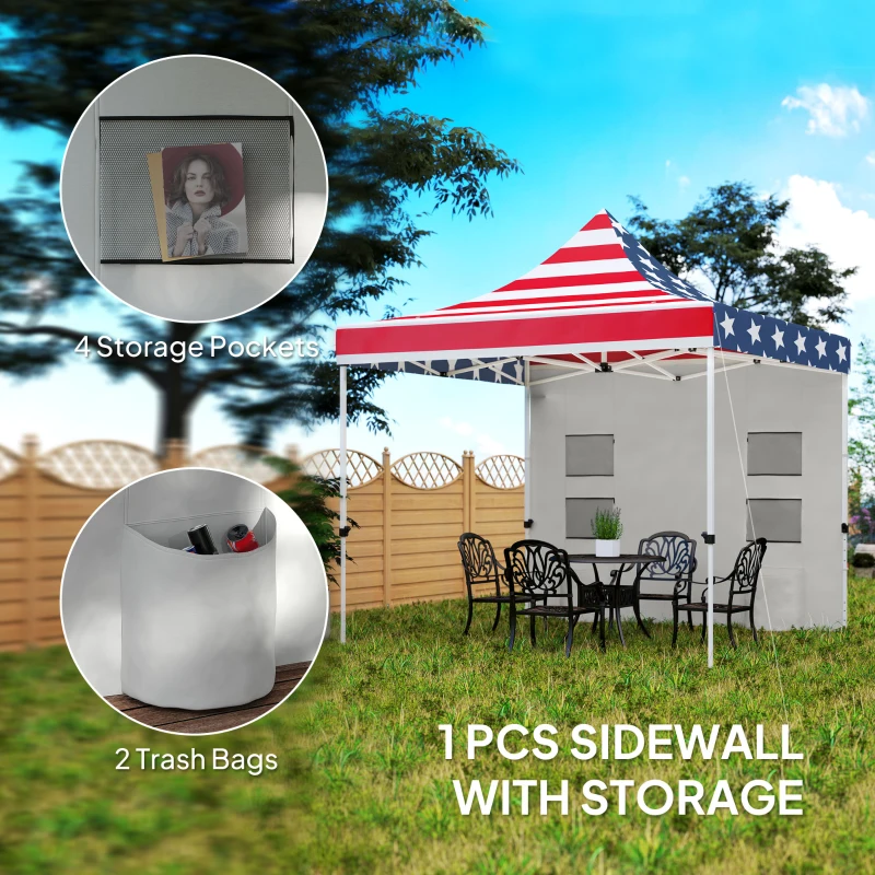 Outsunny 10' x 10' Heavy Duty Pop Up Canopy Tent with Sidewall, UPF50+ Instant Sun Shelter with Storage Pockets, American Flag
