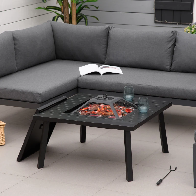 Outsunny 34" Fire Pit with Grill, Metal Outdoor Wood Burning Firepit with Spark Screen, Fire Poker, Cover, Table Lip, Black