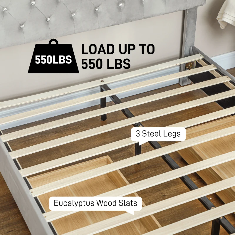 HOMCOM Full Bed Frame with Headboard, Double Bed Frame with 2 Drawers, No Box Spring Needed, Easy Assembly, Light Grey