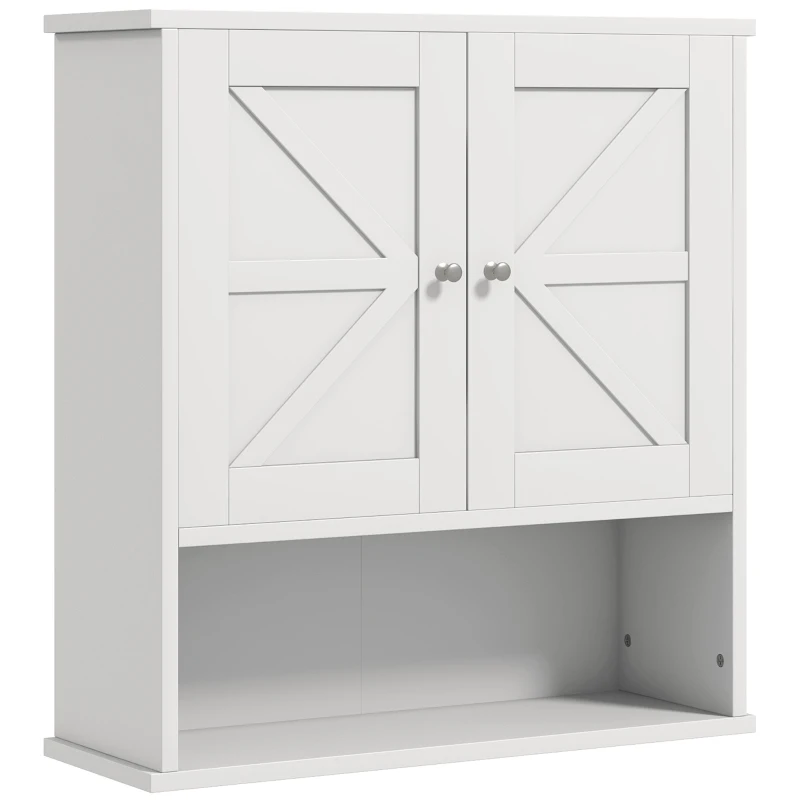 kleankin Farmhouse Bathroom Medicine Cabinet, Wall Cabinet with Barn Doors, and Adjustable Shelf for Laundry Room, White