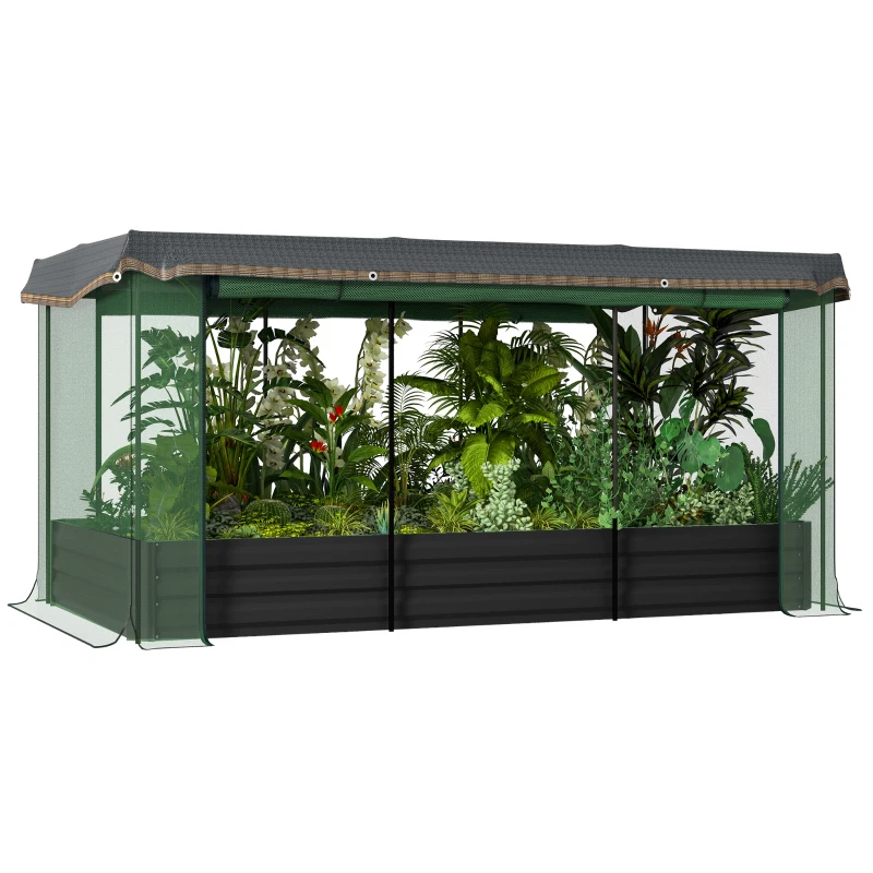 Outsunny Galvanized Steel Planter Box with Crop Cage and Shade Cloth, Raised Garden Bed for Flowers, Vegs and Herbs