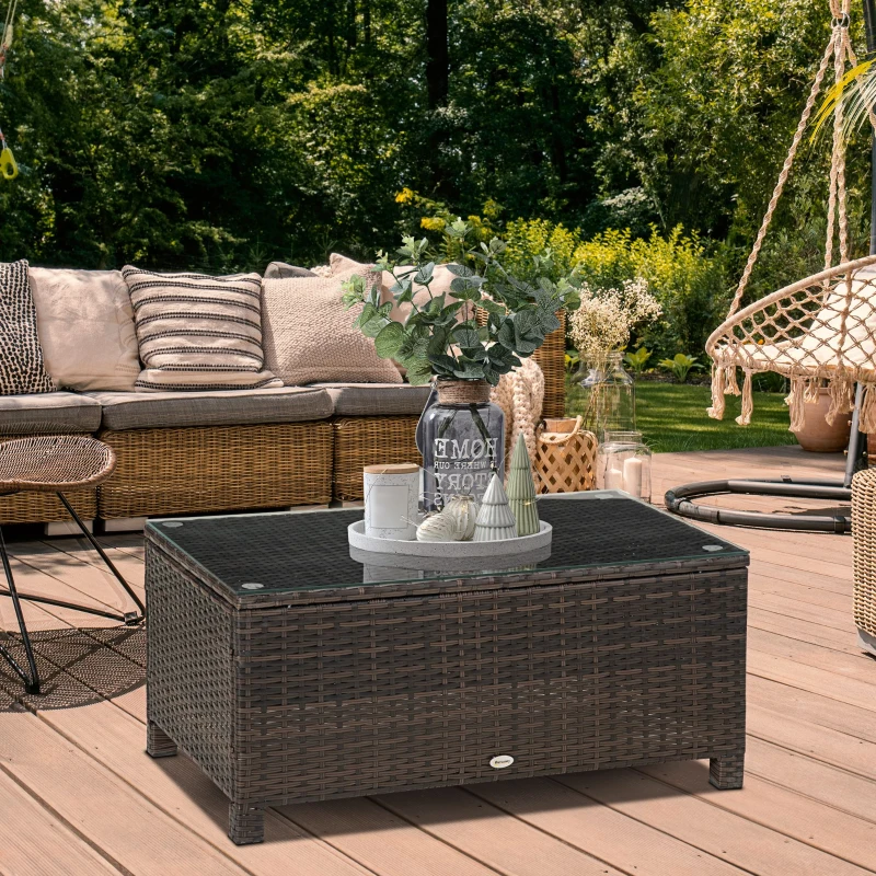 Outsunny Rattan Wicker Coffee Table with Glass Top Outdoor Garden Patio Furniture Brown Tempered