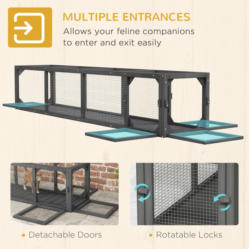 PawHut Wooden Cat Run with Weather Protection, Connecting Inside and Outside, 79"L x 15"W x 15"H, Dark Gray