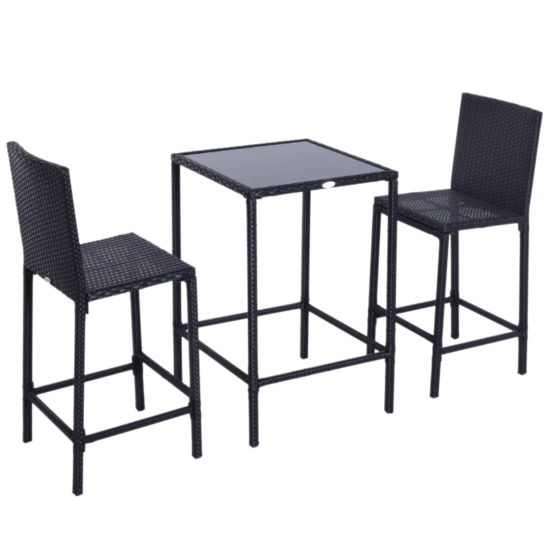 Outsunny 3 Piece Patio Bar Set Wicker Rattan Garden Bistro Set Barstool and Table for Patio Backyard Balcony Poolside, Black