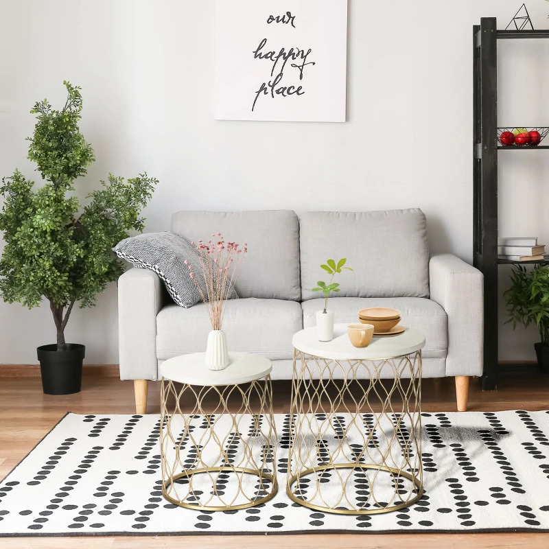 Outsunny Set of 2 Patio Round Nesting Coffee Table Set, Outdoor Stacking End Side Table with Metal Frame for Garden, Balcony, Backyard, Gold