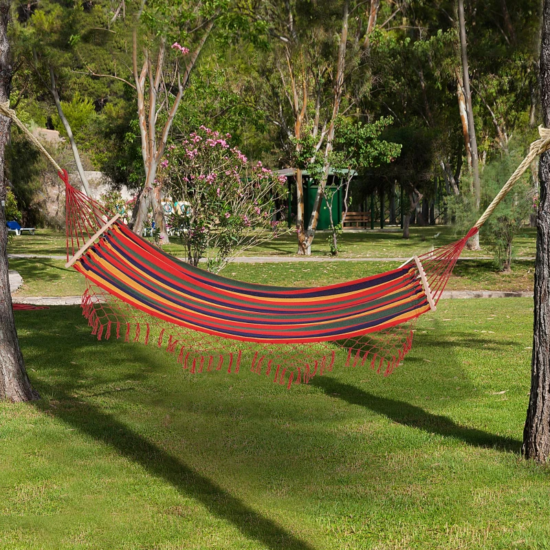 Outsunny Patio Outdoor Hammock, Brazilian Hammock Portable Hammock Load Capacity Up to 264 Lbs for Backyard, Porch, Outdoor and Indoor Use Red Stripe