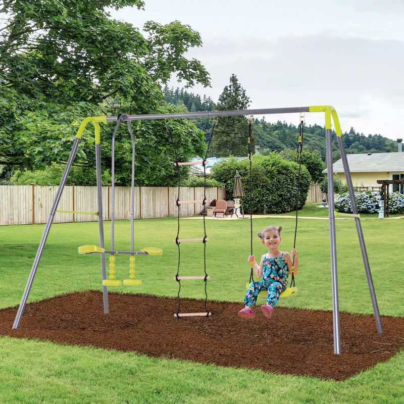 HOMCOM 3 in 1 Kids Swing Set, Double Face to Face Swing Chair & Glider Set, Climbing Ladder A-Frame Outdoor Heavy Duty Metal Swing Set for Backyard Playground